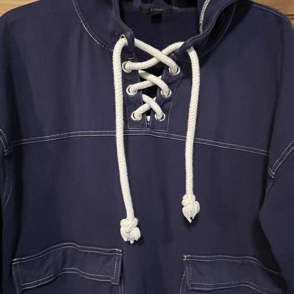 J Crew Lace-up Navy Blue Hoodie Pockets Size M Layers Boho Warm Nautical Beachy - Picture 7 of 13